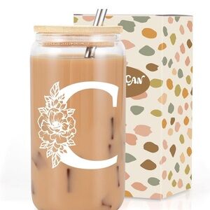 Floral C Initial Glass Tumbler with Straw